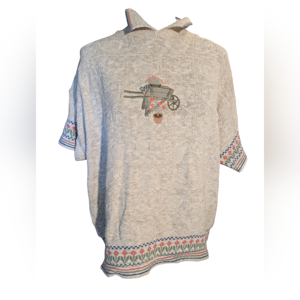Vintage Women's Oatmeal Floral Embroidered Knit Sweater Short Sleeve‎ Grandma